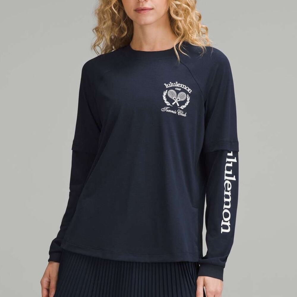 Lululemon Womens Tennis Club Graphic Long Sleeve T-Shirt Size 6 Blue Preppy